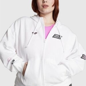 Victoria's Secret PINK RACING Optic White Ivy Fleece Full Zip Hoodie X-Small NEW